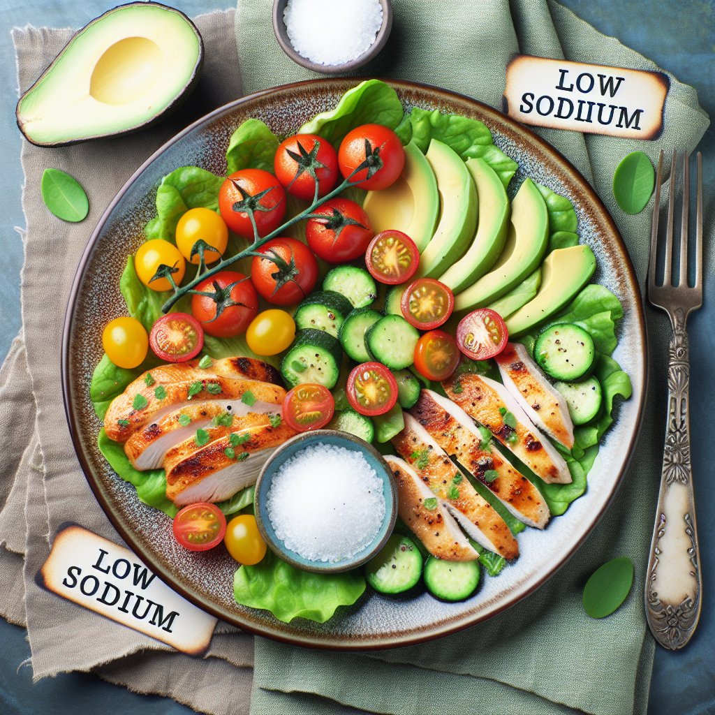 Colorful keto low sodium chicken salad with avocado, cherry tomatoes, and grilled chicken on a stylish plate, promoting healthy living.