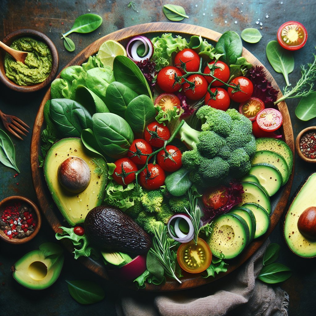 A beautifully arranged plate with fresh, organic ingredients like leafy greens, ripe avocados, juicy cherry tomatoes, and lean protein sources, showcasing a colorful and nutrient-dense keto meal that embodies conscious eating principles.