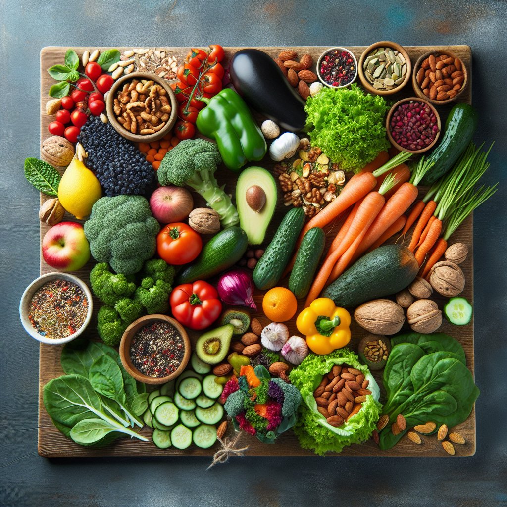 Fresh organic ingredients neatly arranged on a wooden cutting board showcasing colorful vegetables, ripe fruits, nuts, seeds, and herbs, symbolizing conscious eating and high-quality keto cooking.