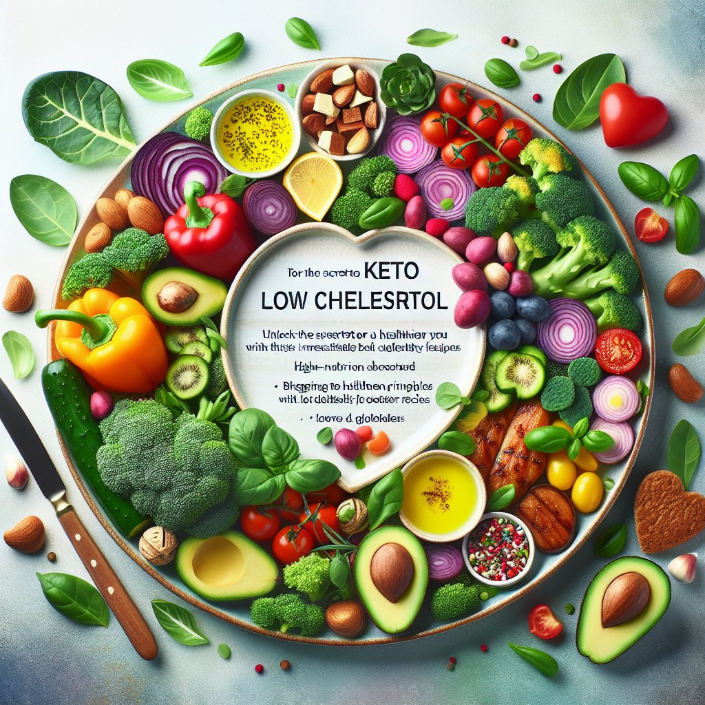 A beautifully arranged plate with colorful, nutrient-dense ingredients like leafy green vegetables, lean proteins, and healthy fats, symbolizing a fusion of keto and low cholesterol principles.