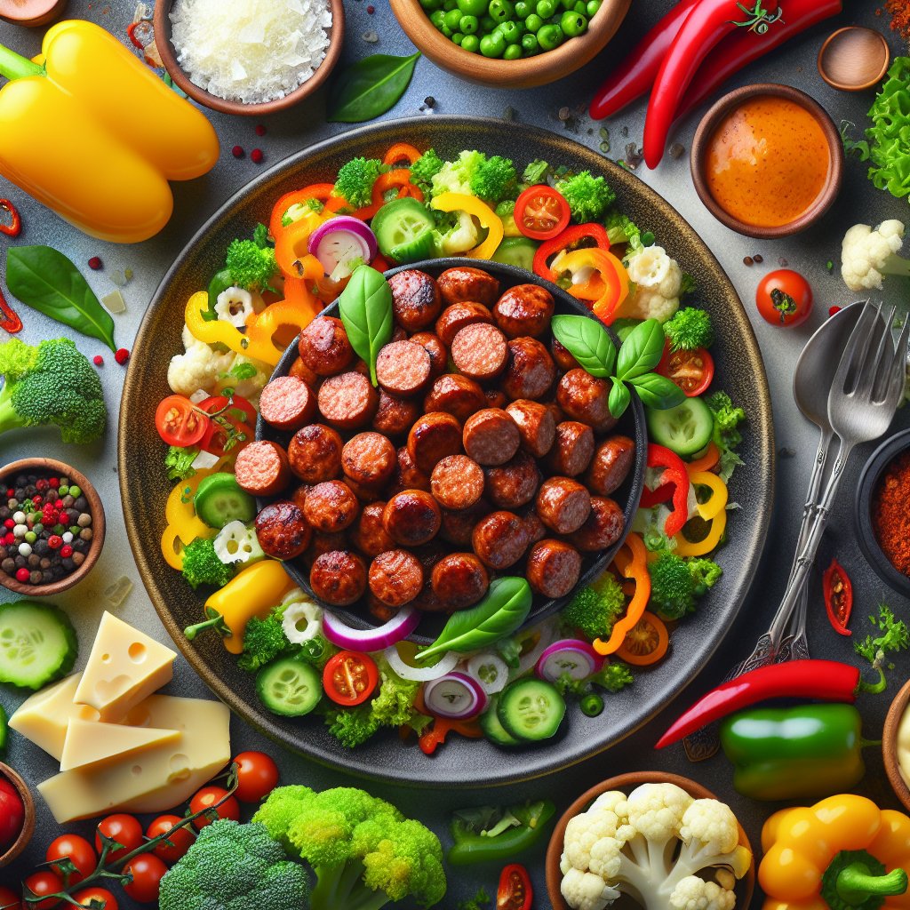 A colorful array of keto-friendly ingredients including leafy greens, bell peppers, cauliflower, and cheese, focusing on a beautifully plated keto sausage dish exuding sizzling and appetizing aromas.