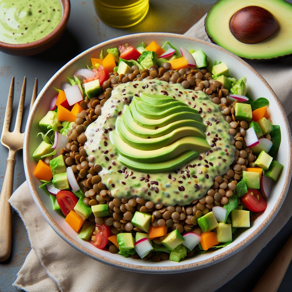 Colorful keto-friendly lentil salad with avocado dressing, showcasing a mix of cooked lentils, crisp vegetables, and creamy dressing drizzled on top.