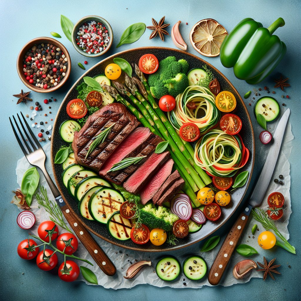 A colorful and enticing plate featuring a perfectly cooked venison steak surrounded by low-carb vegetables like asparagus, zucchini noodles, and cherry tomatoes, embodying the essence of a healthy and delicious keto meal.