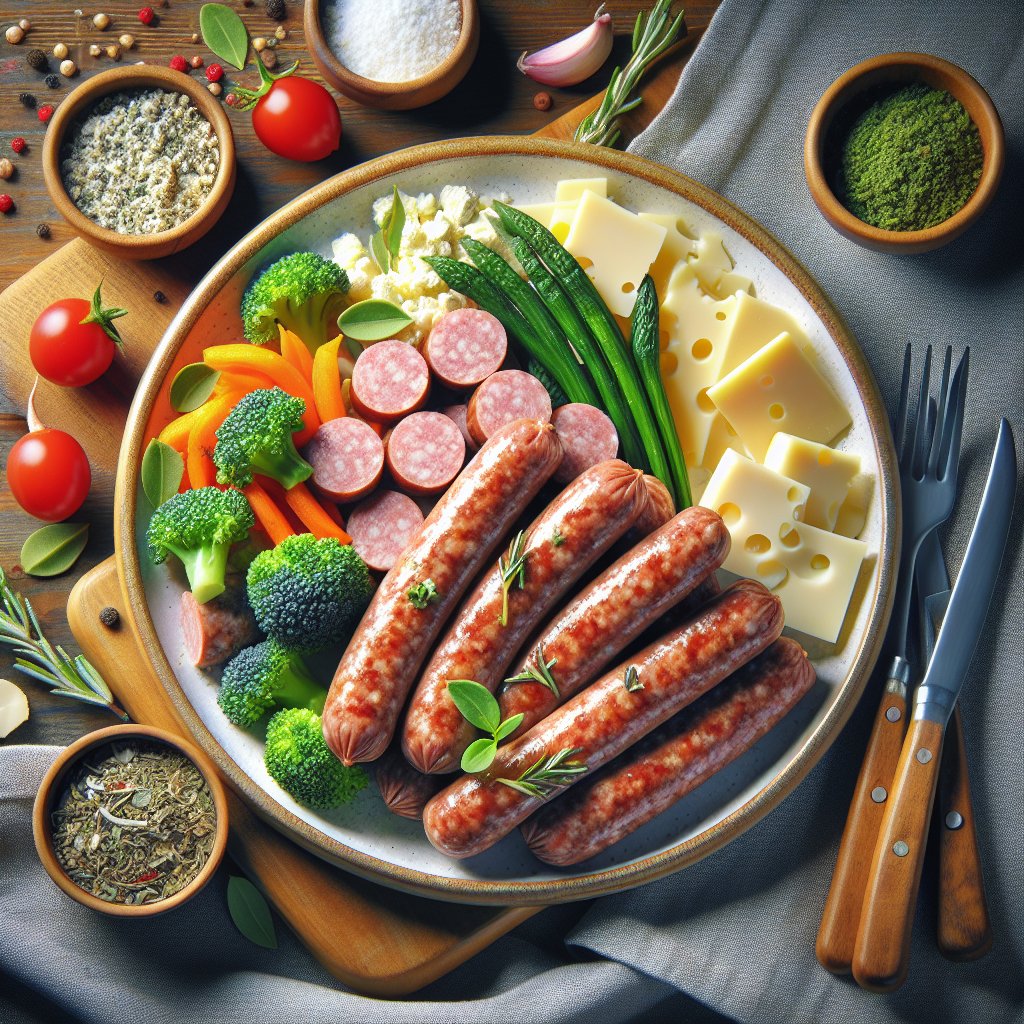 Colorful plate showcasing lean ground sausage, fresh herbs, low-carb vegetables, and keto-friendly cheese, emphasizing high protein content and low carbs for a keto diet.