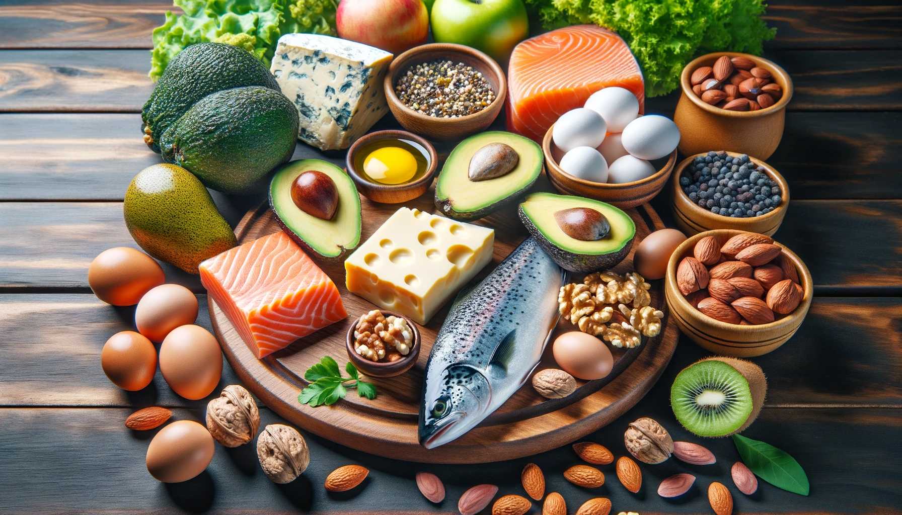 Assortment of keto-friendly foods on a wooden table, including avocados, eggs, nuts, cheeses, and salmon, in a bright and natural setting.