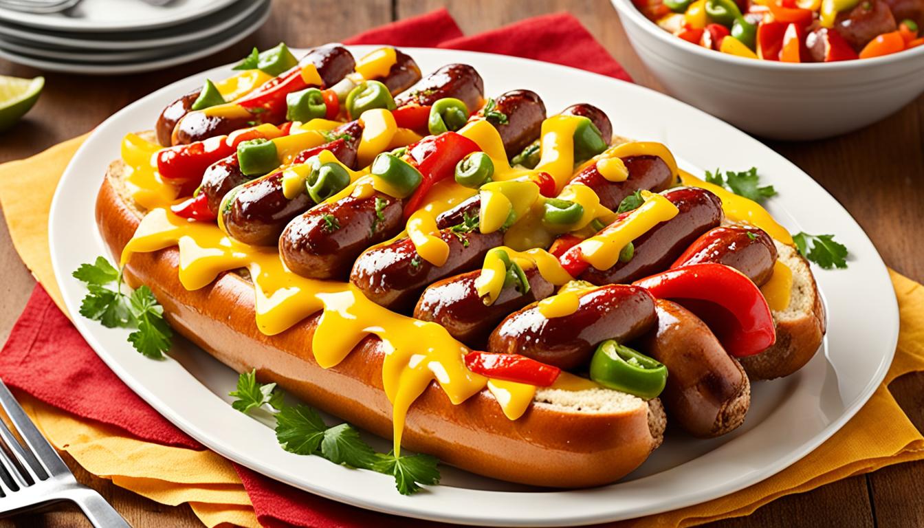 Loaded Brats with Peppers and Cheese