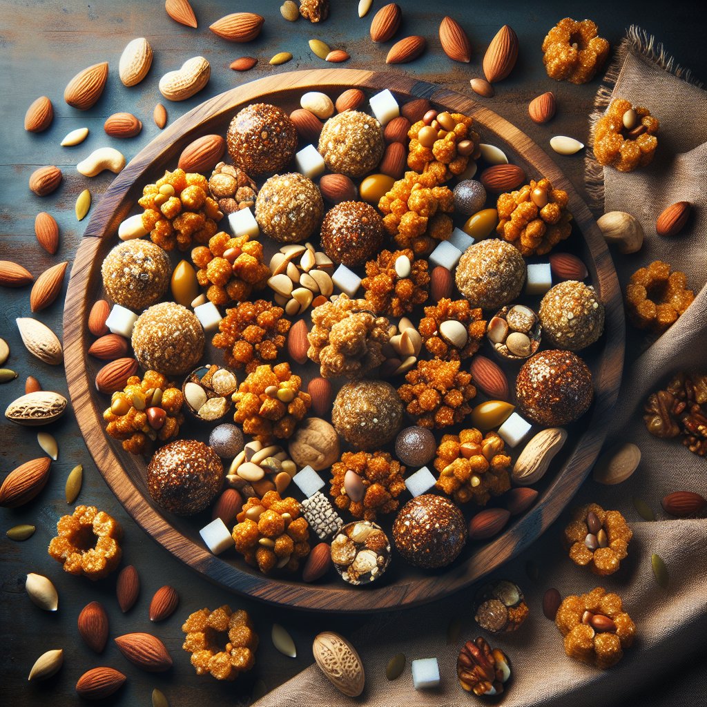 Mouth-watering golden brown Keto clusters on a rustic wooden platter showcasing a mix of nuts, seeds, and sugar substitutes.