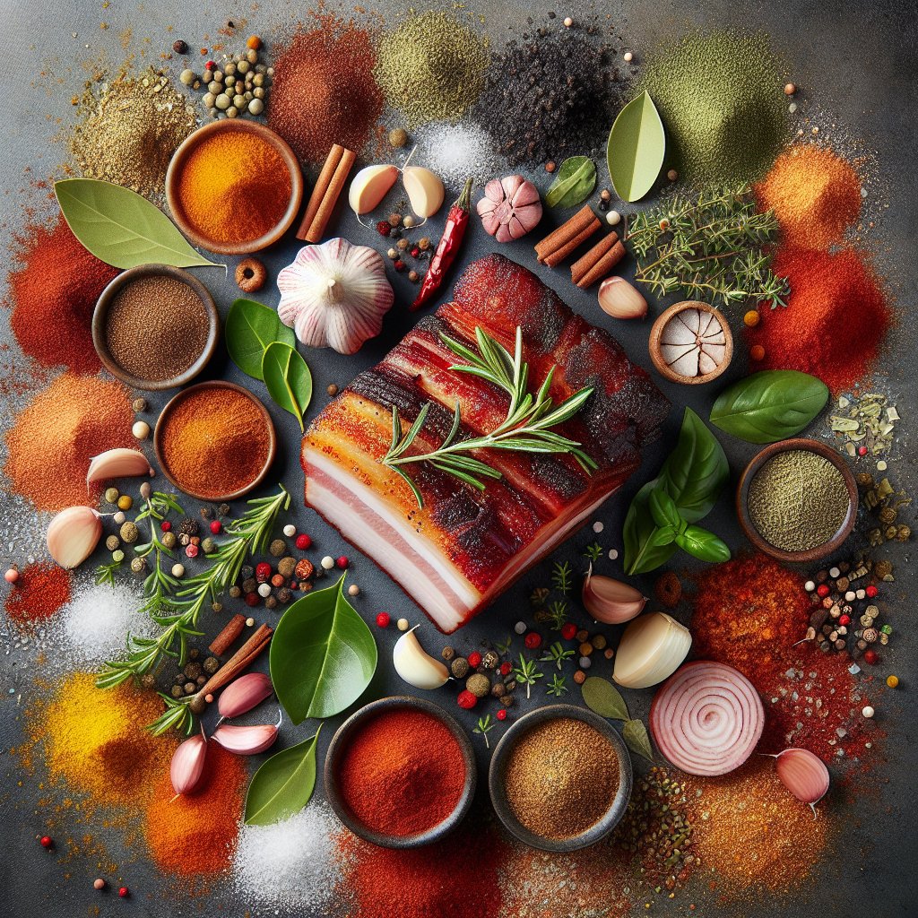 Assortment of colorful keto-friendly seasonings and herbs arranged around succulent pork belly