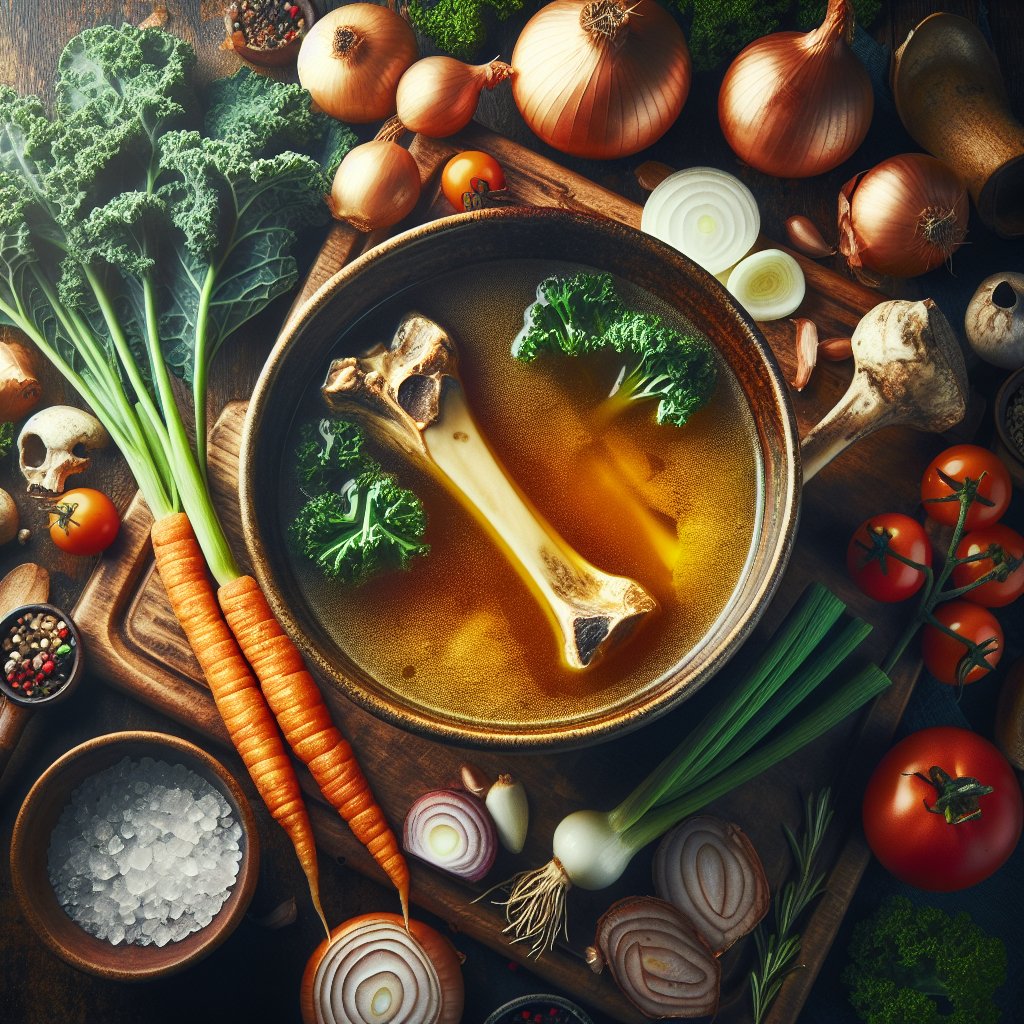 Steaming bowl of nourishing bone broth surrounded by organic ingredients