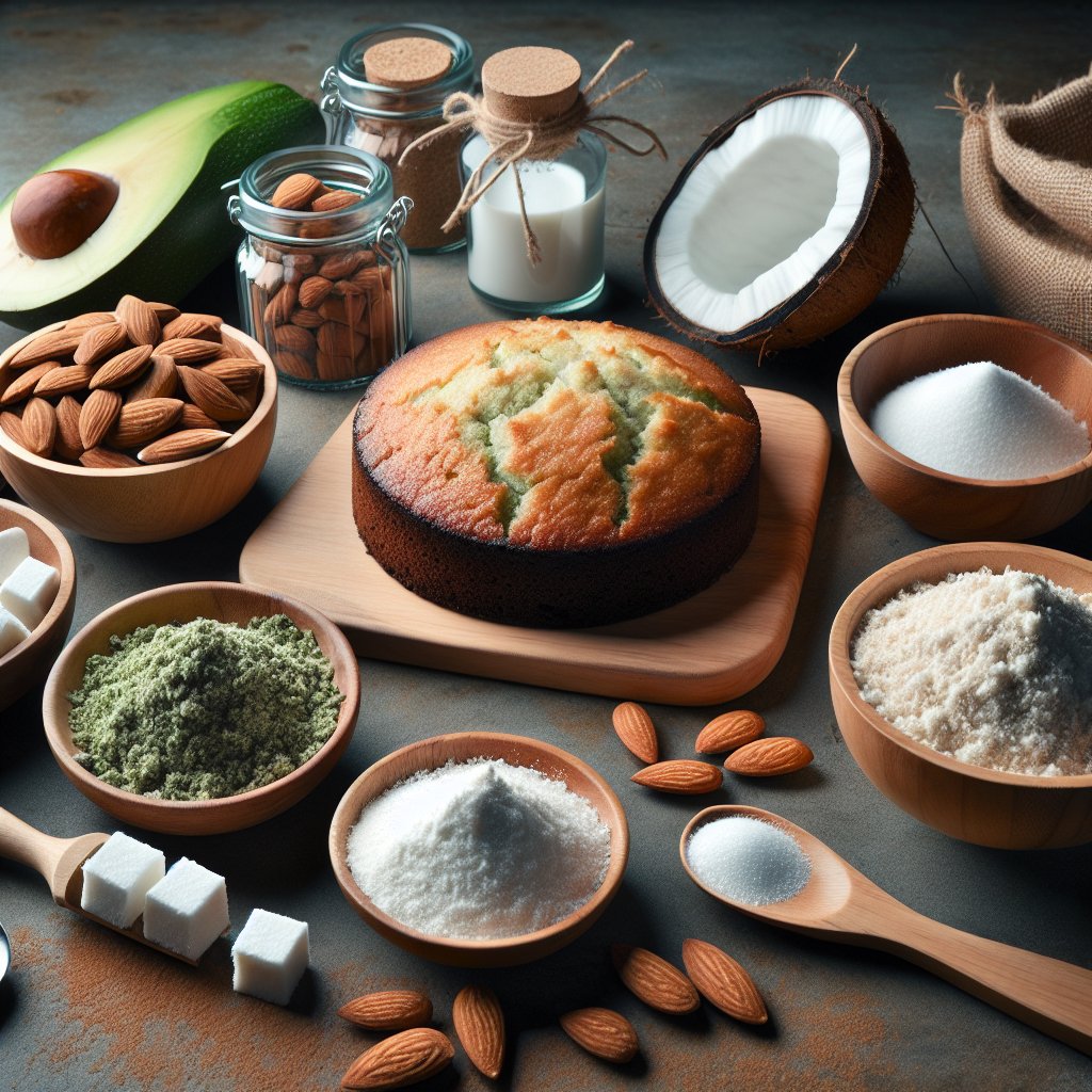A visually appealing arrangement of almond flour, coconut flour, erythritol, and stevia in a modern kitchen setting, with soft natural lighting showcasing their texture and color.
