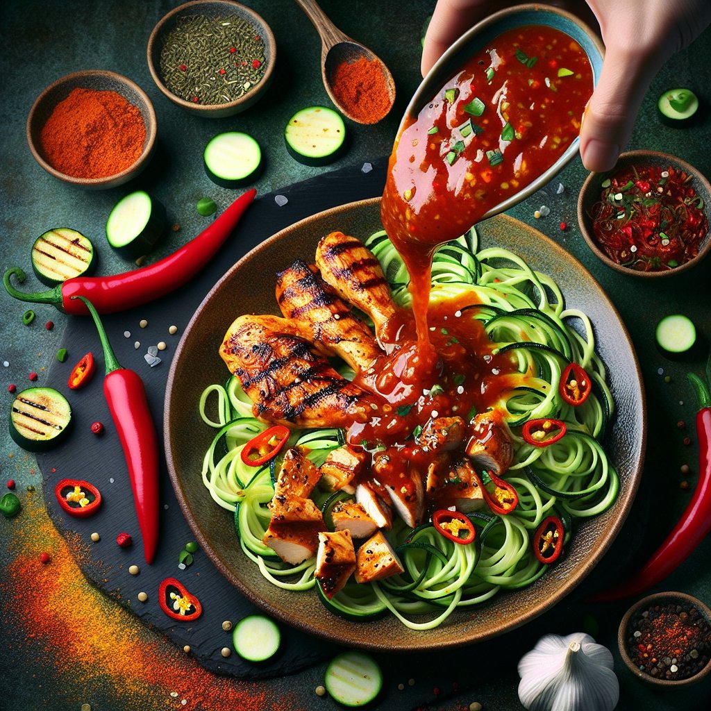 Vibrant keto chili sauce being drizzled over zucchini noodles and grilled chicken