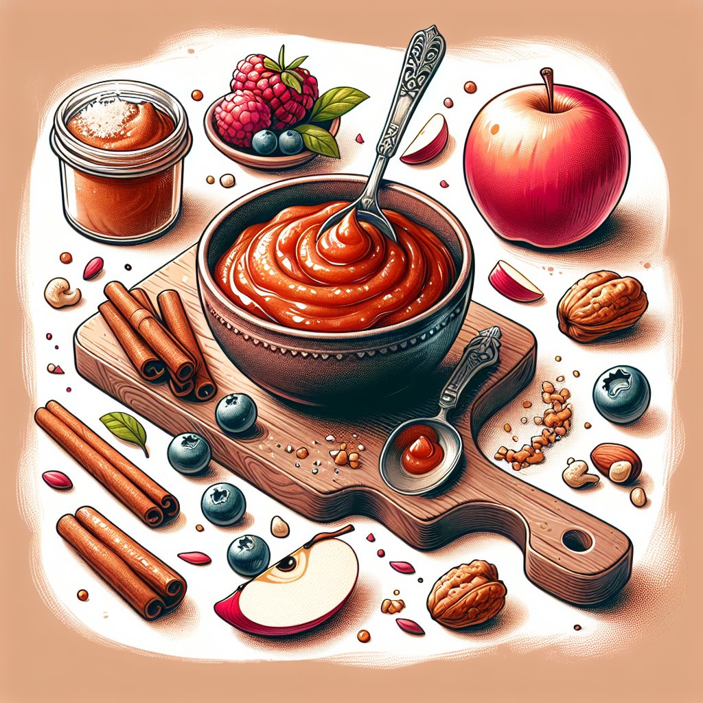 A vibrant and inviting illustration of keto-friendly applesauce served with cinnamon, berries, and nuts, showcasing its delicious, wholesome nature and compatibility with a keto diet.