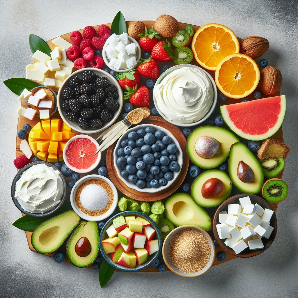 Assortment of key keto fruit dip ingredients including cream cheese, coconut cream, stevia, berries, avocado, and citrus fruits arranged on a marble countertop.