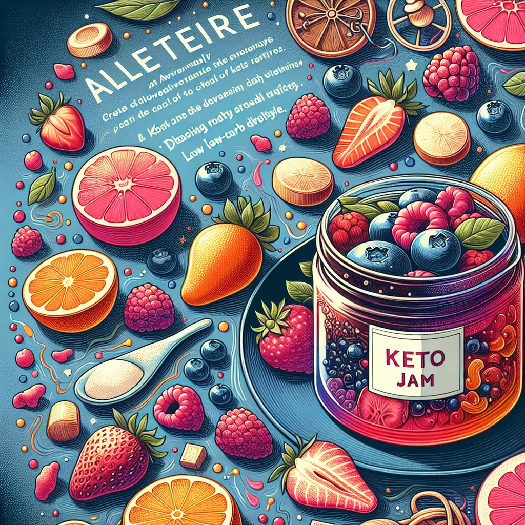 A colorful assortment of low-carb fruits, berries, erythritol, and chia seeds, creating a vibrant visual of keto jam.