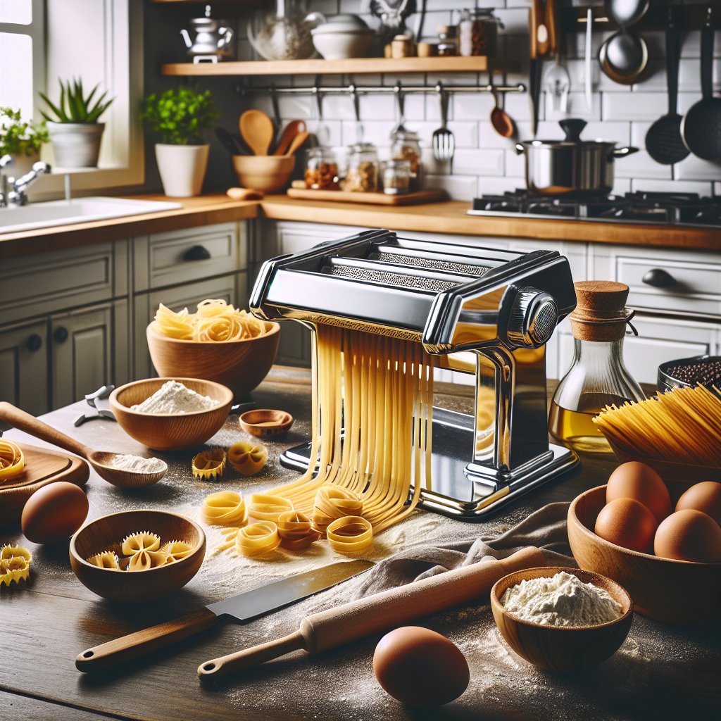 Kitchen scene showcasing keto pasta crafting process with pasta machine and low-carb ingredients in foreground.