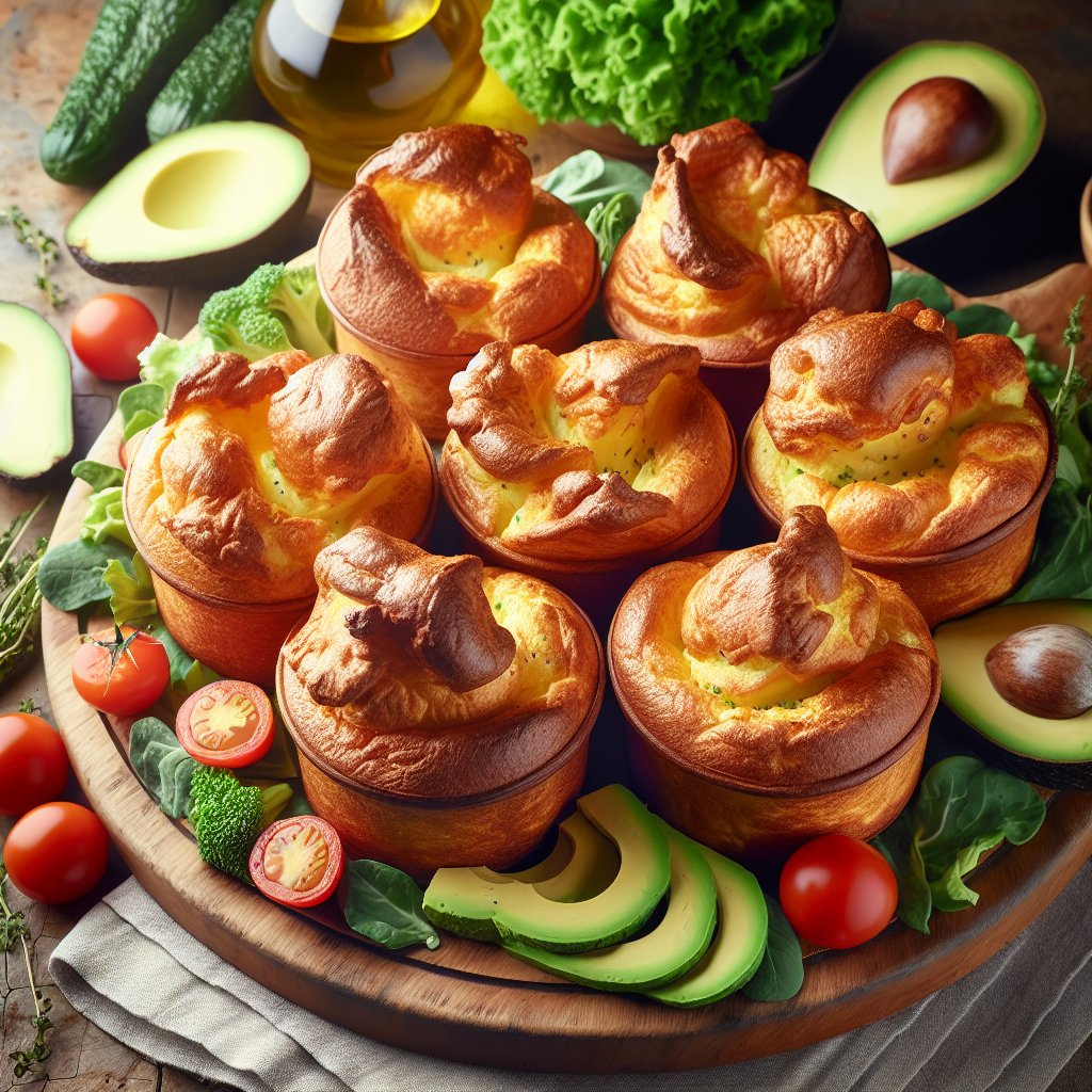Mouthwatering keto popovers platter with avocado, cherry tomatoes, and leafy greens on rustic wooden board