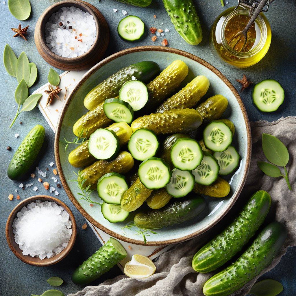 A vibrant plate of keto sweet pickles and fresh cucumber slices, symbolizing hydration and electrolyte balance.