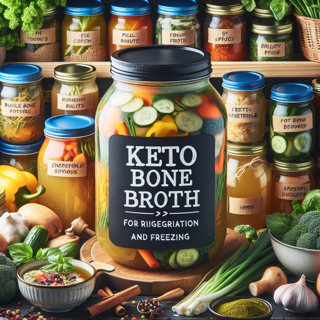 Neatly organized pantry shelf with labeled mason jars of keto bone broth, surrounded by fresh herbs, vegetables, and aromatic spices