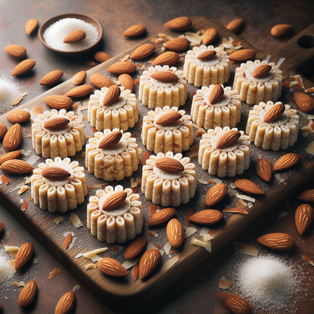 Delicious keto polvoron arranged on a wooden serving board, sprinkled with almond flour and coconut flakes, topped with toasted almond slivers