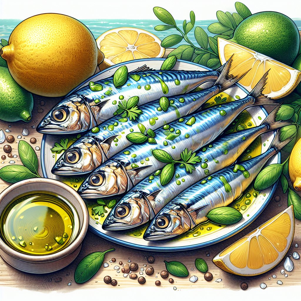 Plate of succulent sardines glistening with omega-3 rich oil, sprinkled with vibrant herbs, accompanied by lemons and fragrant olive oil