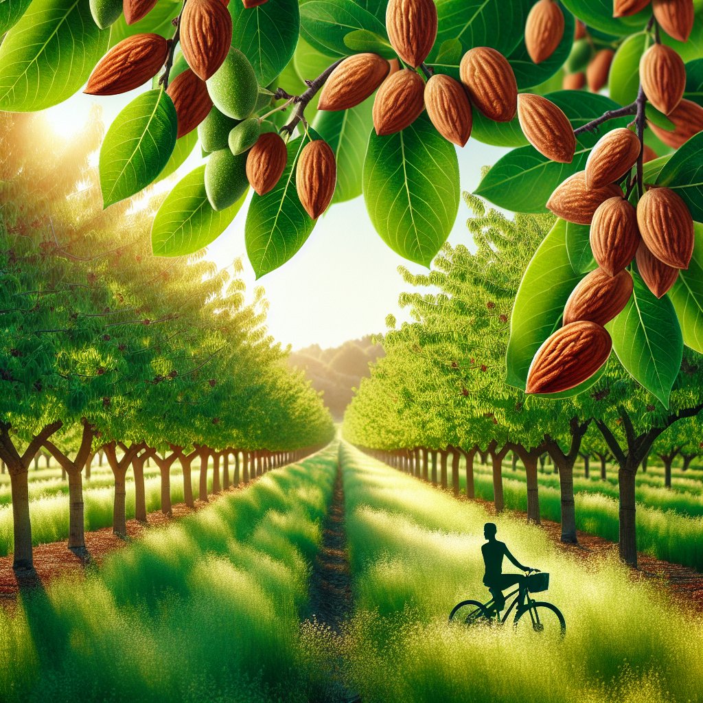 Lush almond orchard with vibrant green foliage, abundant almonds glistening in sunlight, promoting heart-healthy omega-3 and monounsaturated fats for a ketogenic lifestyle