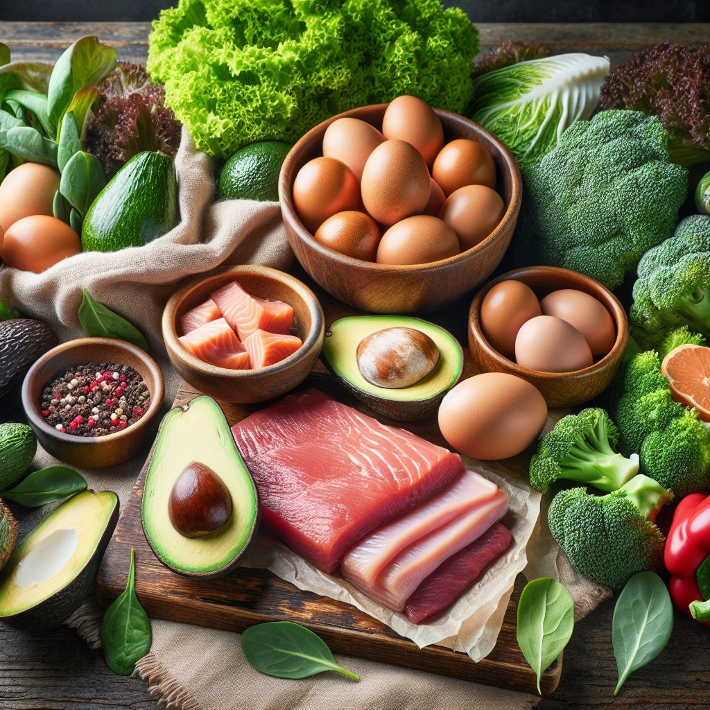 Diverse spread of keto foods including avocados, eggs, leafy greens, and lean meats on a wooden table