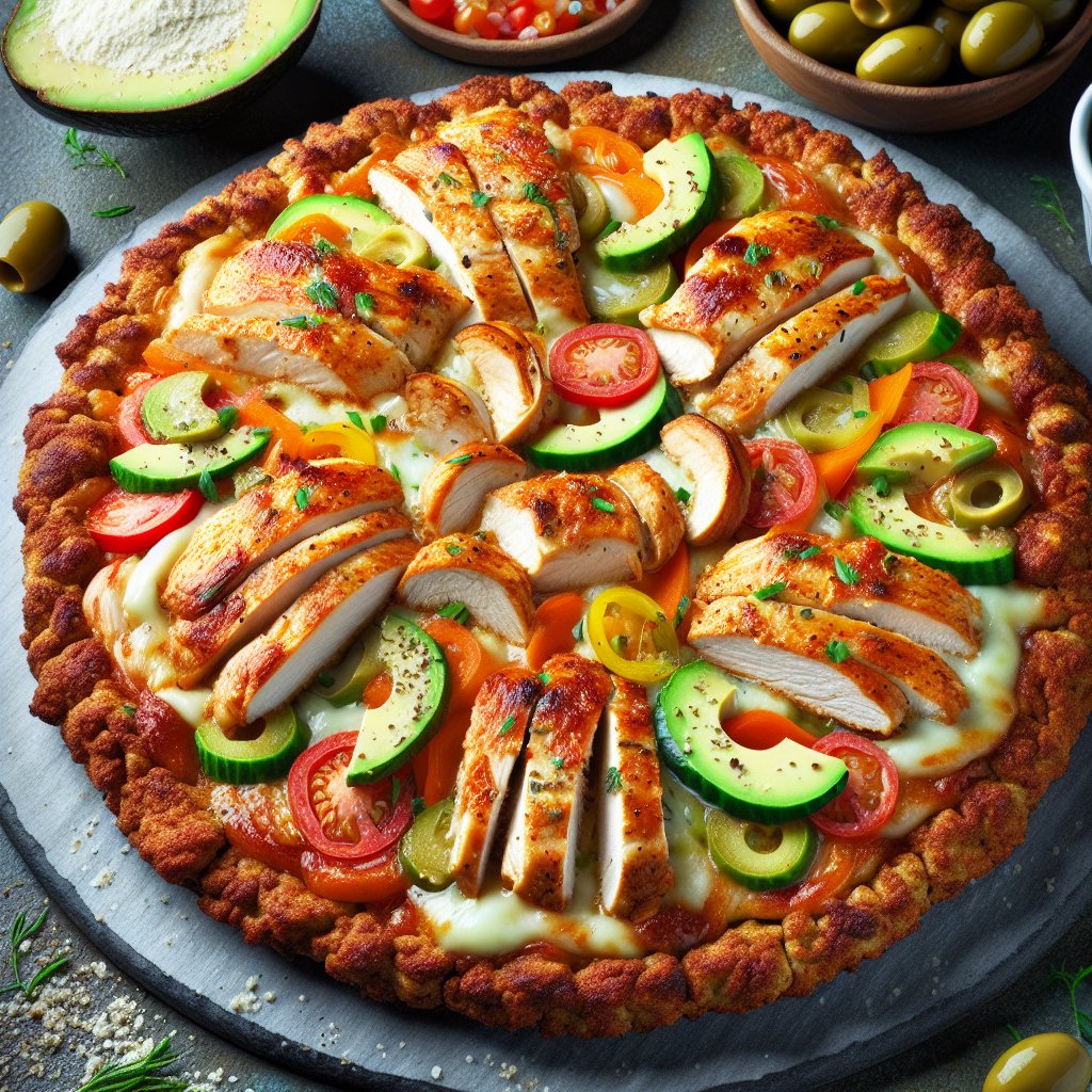 Mouth-watering keto chicken pizza crust topped with vibrant, flavorful keto-friendly veggies