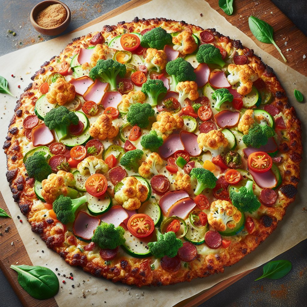 Vibrant and flavorful keto pizza topped with fresh vegetables and lean meats on a crispy cauliflower crust, showcasing the benefits of low-carb, gluten-free, and nutrient-packed properties.