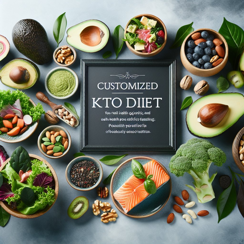 Variety of vibrant and nutritious keto-friendly ingredients including avocados, salmon, leafy greens, and nuts, arranged in an aesthetically pleasing manner