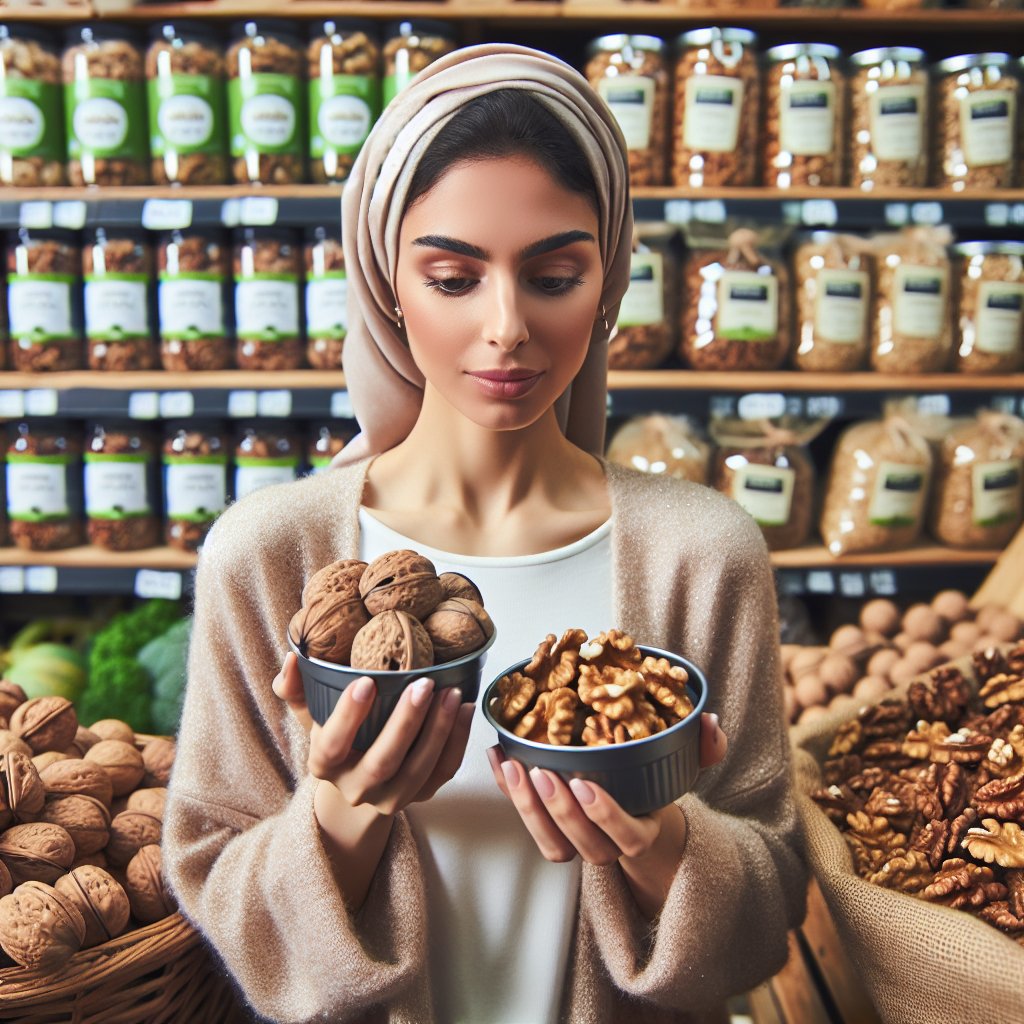 Person examining high-quality walnuts surrounded by organic and bulk buying options, showcasing careful selection process for a keto diet.