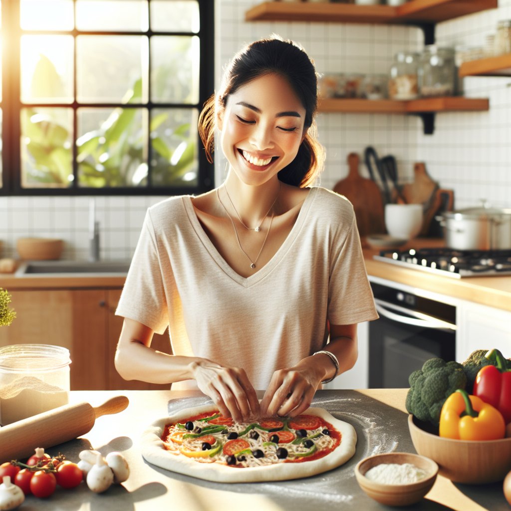 Joyful person effortlessly preparing homemade keto pizza dough surrounded by fresh ingredients in bright kitchen