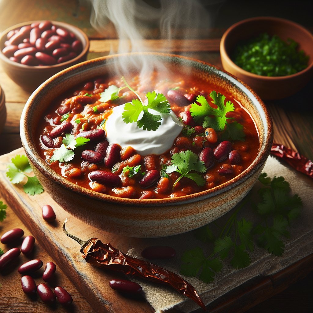 Vibrant bowl of chili with beans garnished with cilantro and sour cream