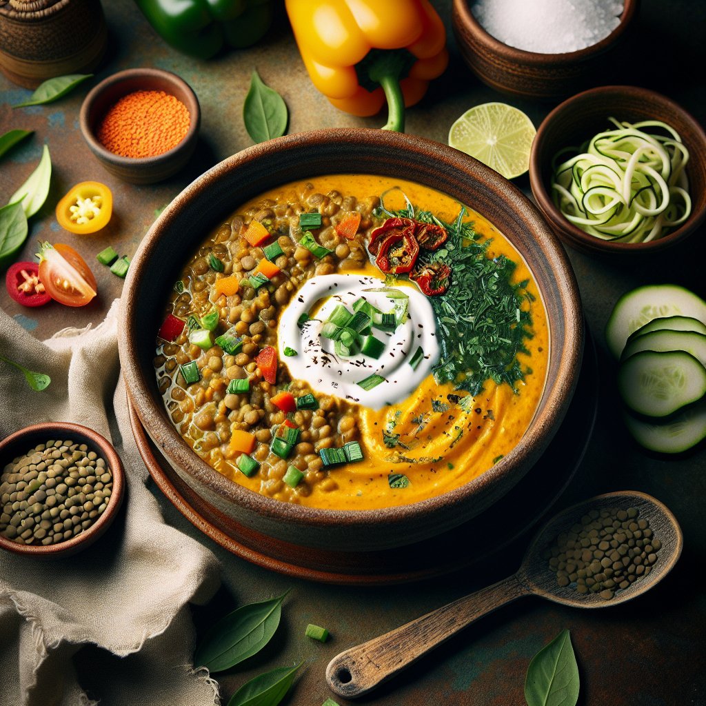 Colorful bowl of keto-friendly lentil soup with fresh herbs and coconut milk, garnished with zucchini noodles and bell peppers