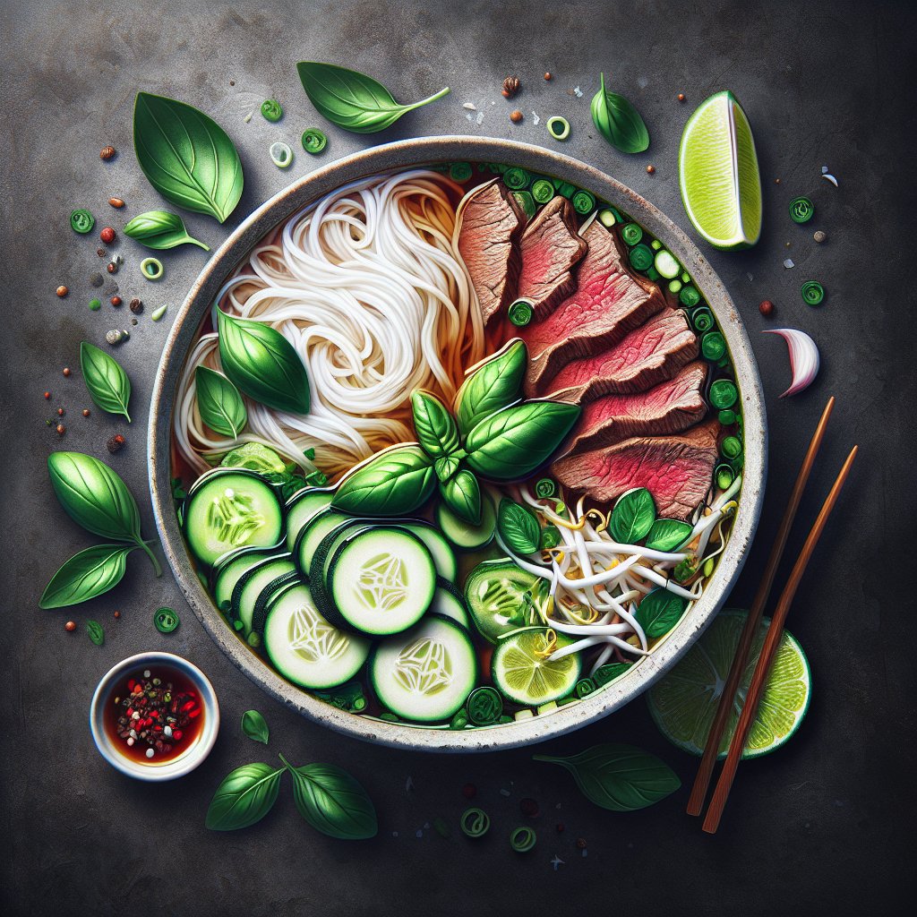 Steaming bowl of keto-friendly pho with zucchini noodles, beef slices, bean sprouts, basil, and lime in clear broth