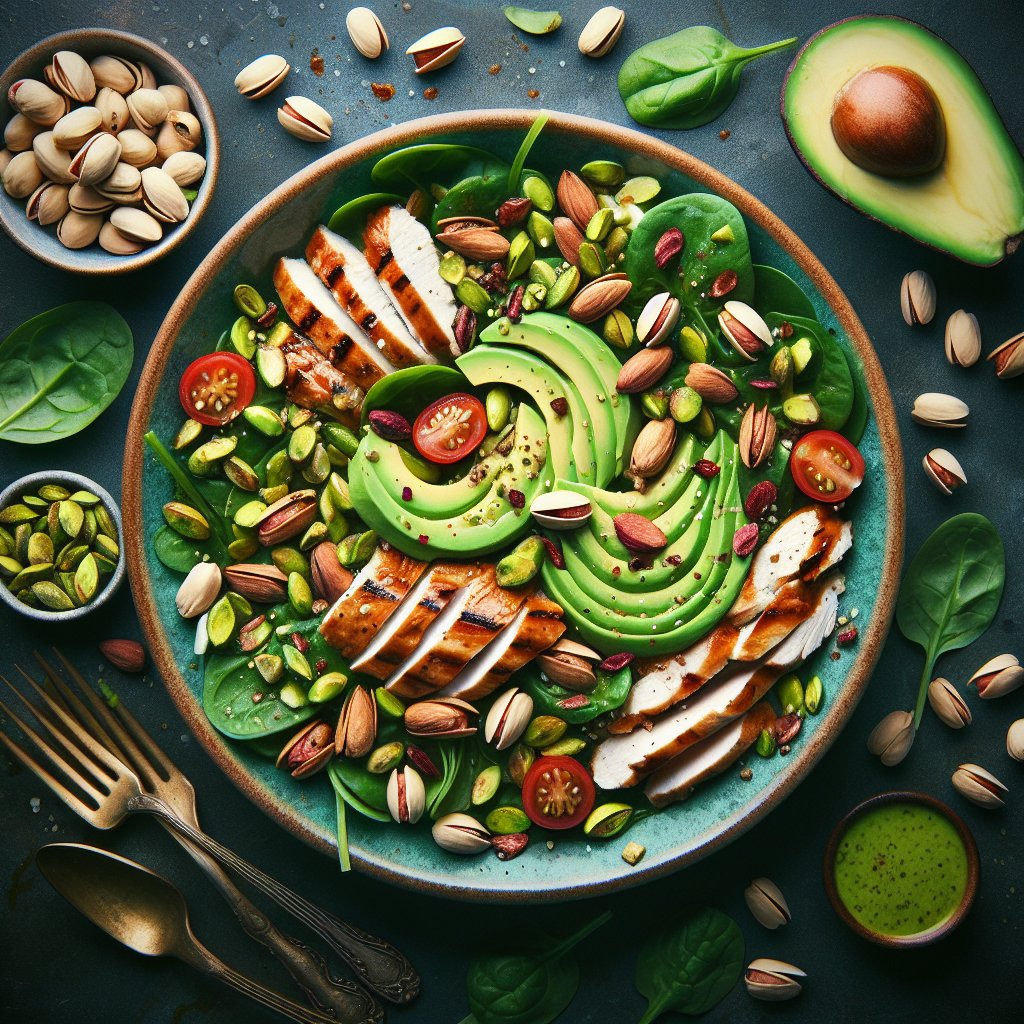 Vibrant pistachio salad with avocado, spinach, grilled chicken, and light vinaigrette dressing, emphasizing portion control and keto-friendly ingredients.