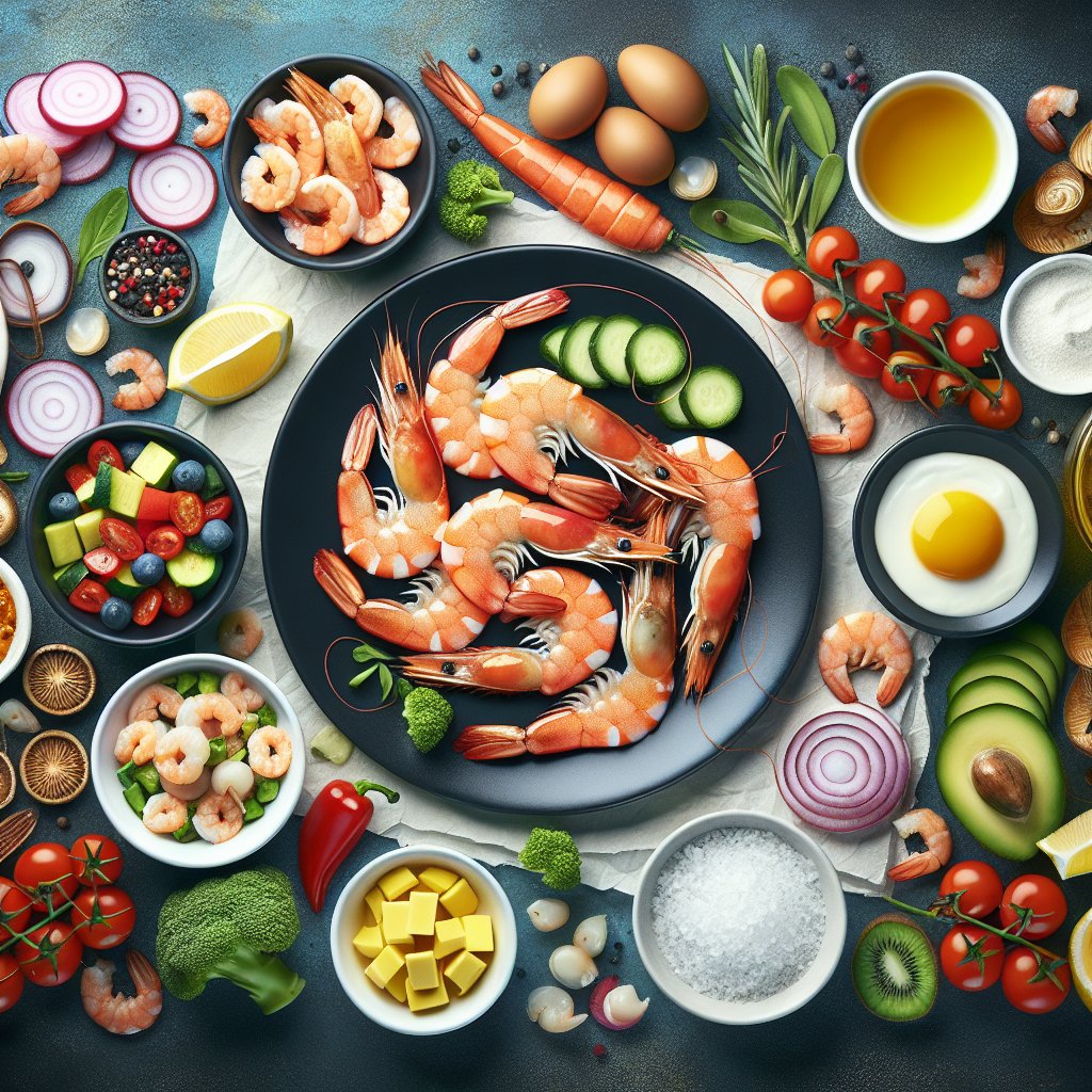 A visually appealing spread of vibrant keto-friendly dishes featuring a variety of colorful low-carb vegetables, succulent shrimp prepared in different ways, and a representation of ketogenic principles.