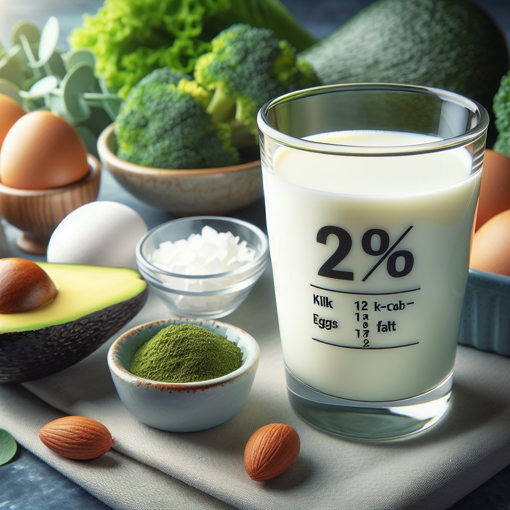 Glass of 2% milk surrounded by keto-friendly meal, emphasizing the contrast in fat and carbohydrate content