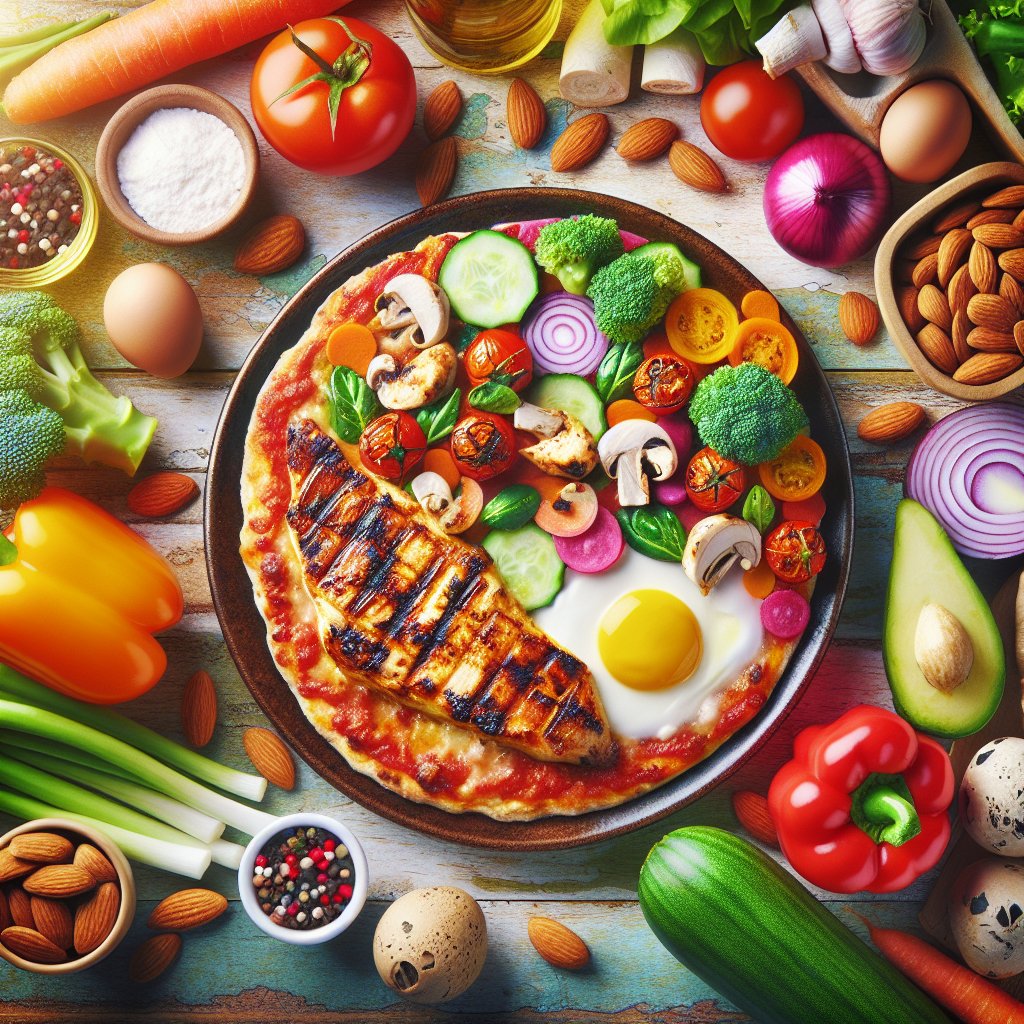 Colorful vegetables, grilled chicken, and almond flour crust on a vibrant plate, representing balanced nutrition and health on the keto diet.