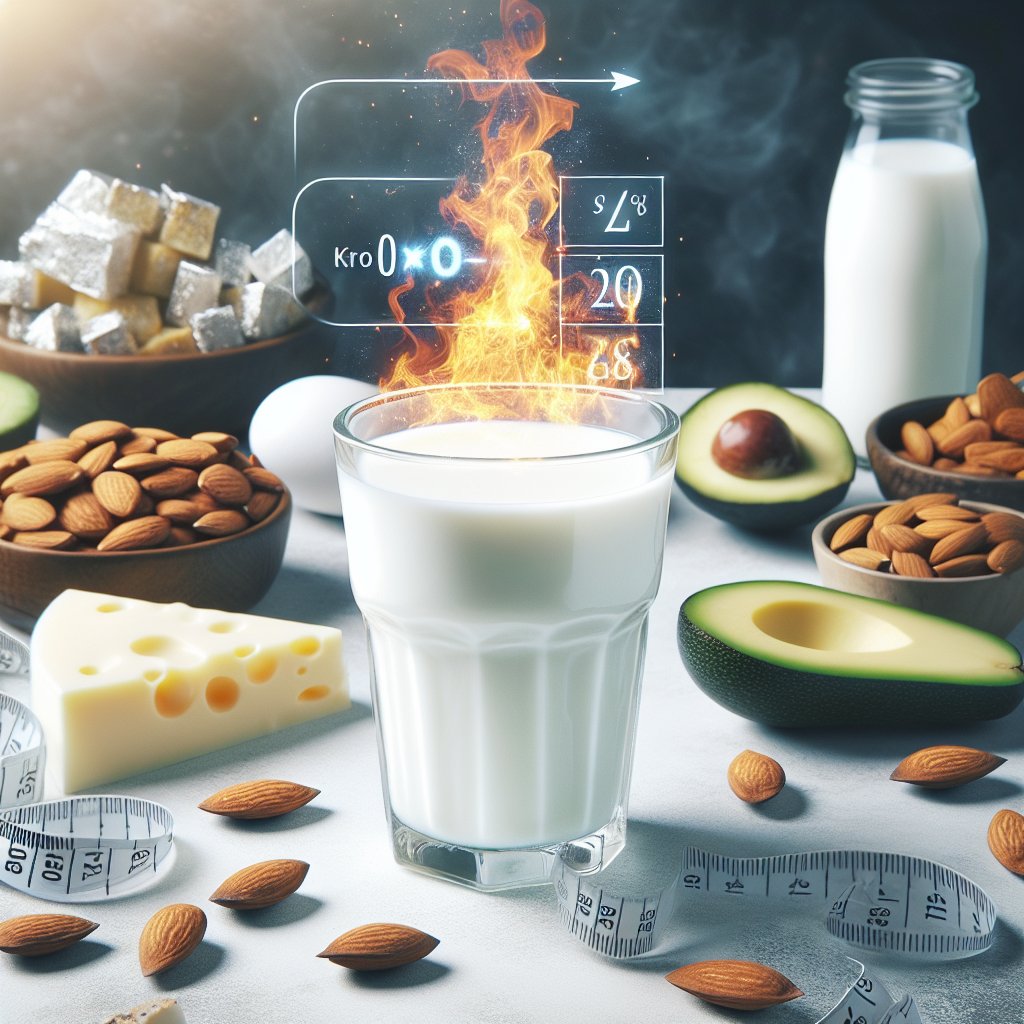 Glass of tempting whole milk surrounded by ketogenic symbols, reflecting the controversy over its impact on ketosis and weight loss.