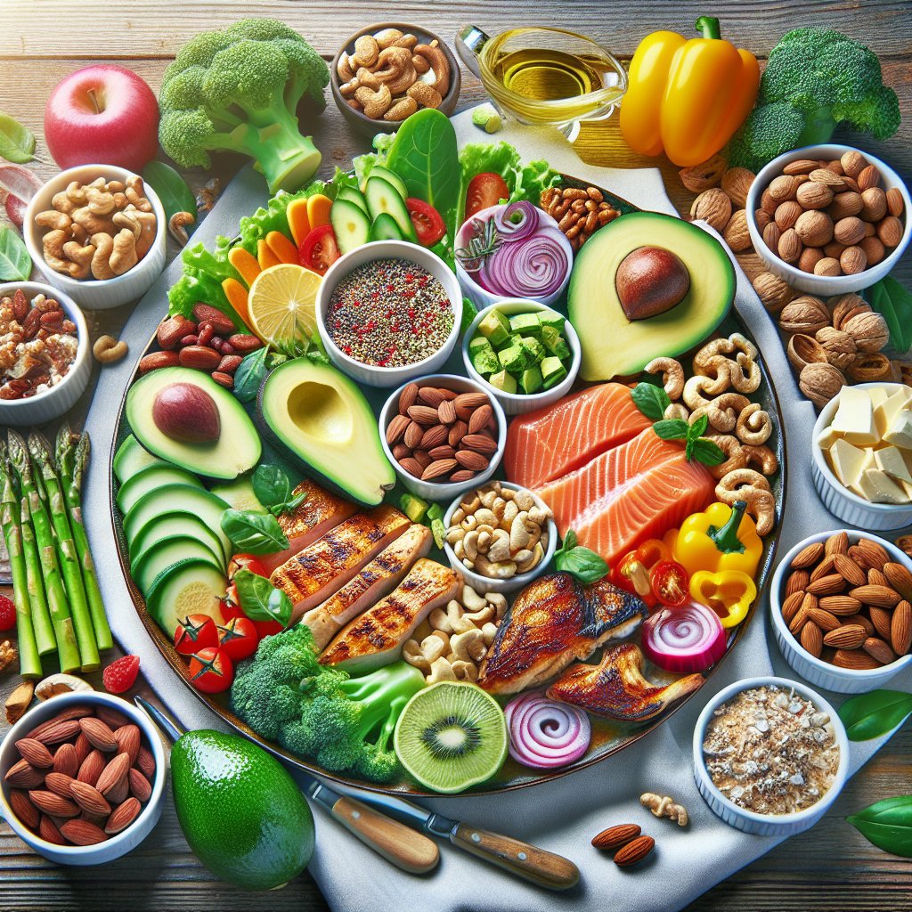 Vibrant plate with avocados, nuts, grilled chicken, salmon, leafy greens, bell peppers, and asparagus showcasing essential nutrients for a keto diet.