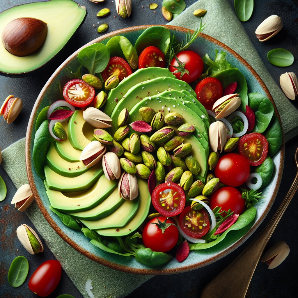 Colorful keto-friendly salad with pistachios, leafy greens, avocado, and cherry tomatoes