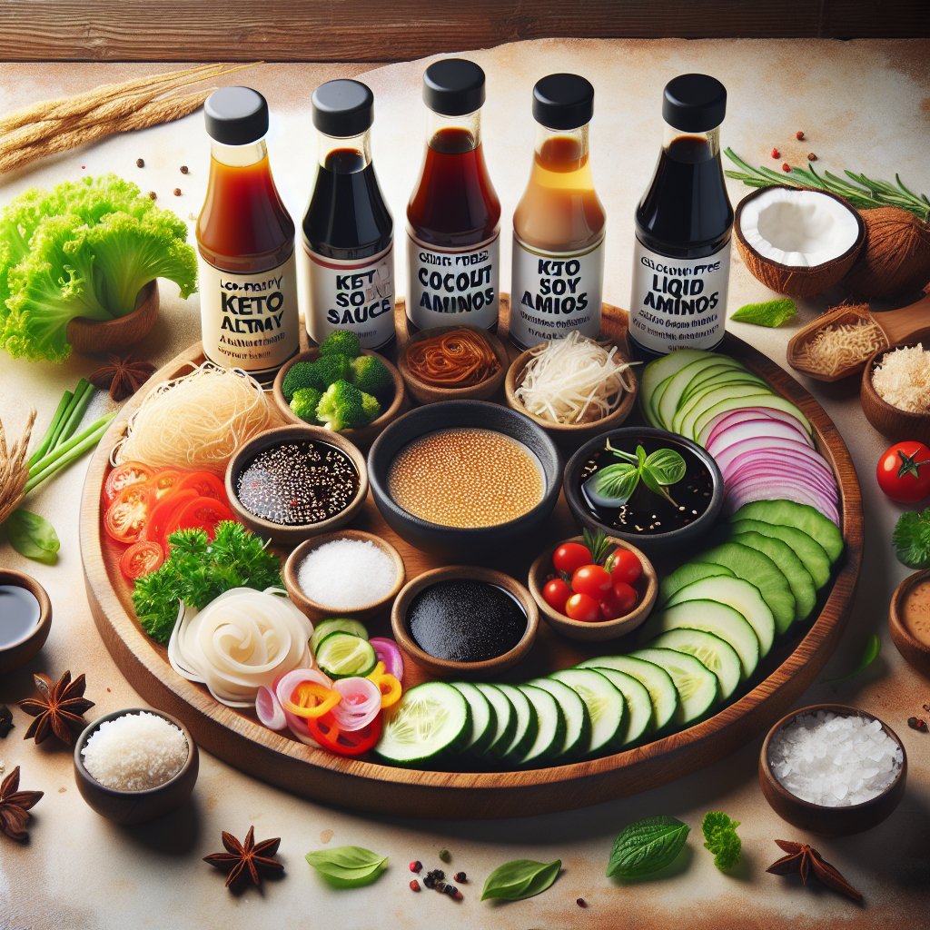 Assorted keto-friendly soy sauce substitutes and garnished vegetables on a wooden board