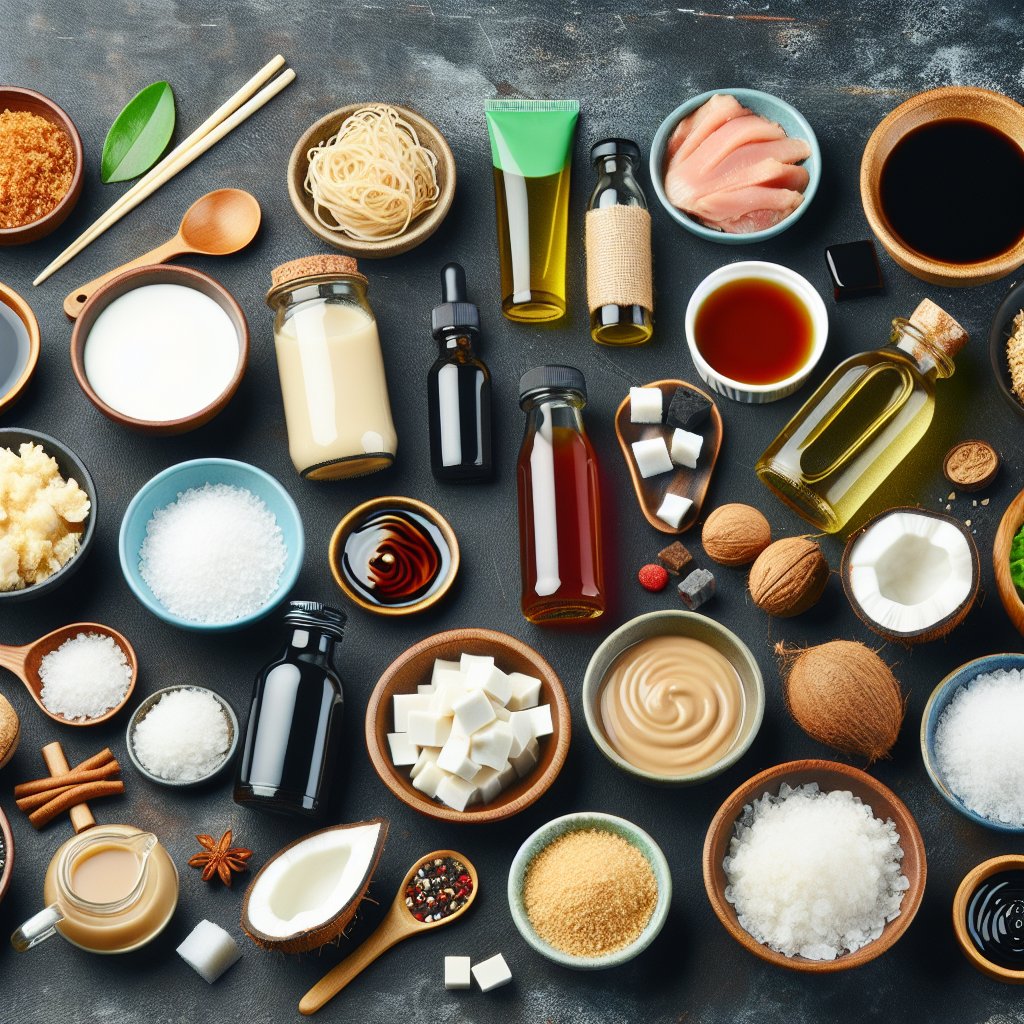 Assortment of keto-friendly soy sauce substitutes including coconut aminos, liquid aminos, and homemade alternatives for enhancing low-carb meals.