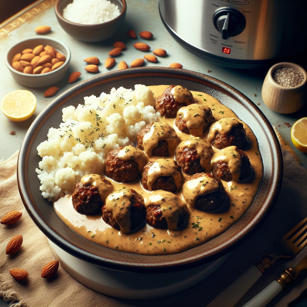 Delicious plate of Keto-friendly Swedish meatballs with creamy gravy and cauliflower rice