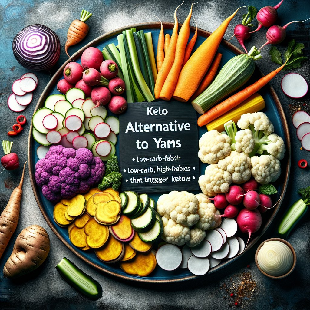 Colorful array of low-carb, high-fiber vegetables arranged in an enticing display to showcase their versatility as yam substitutes.