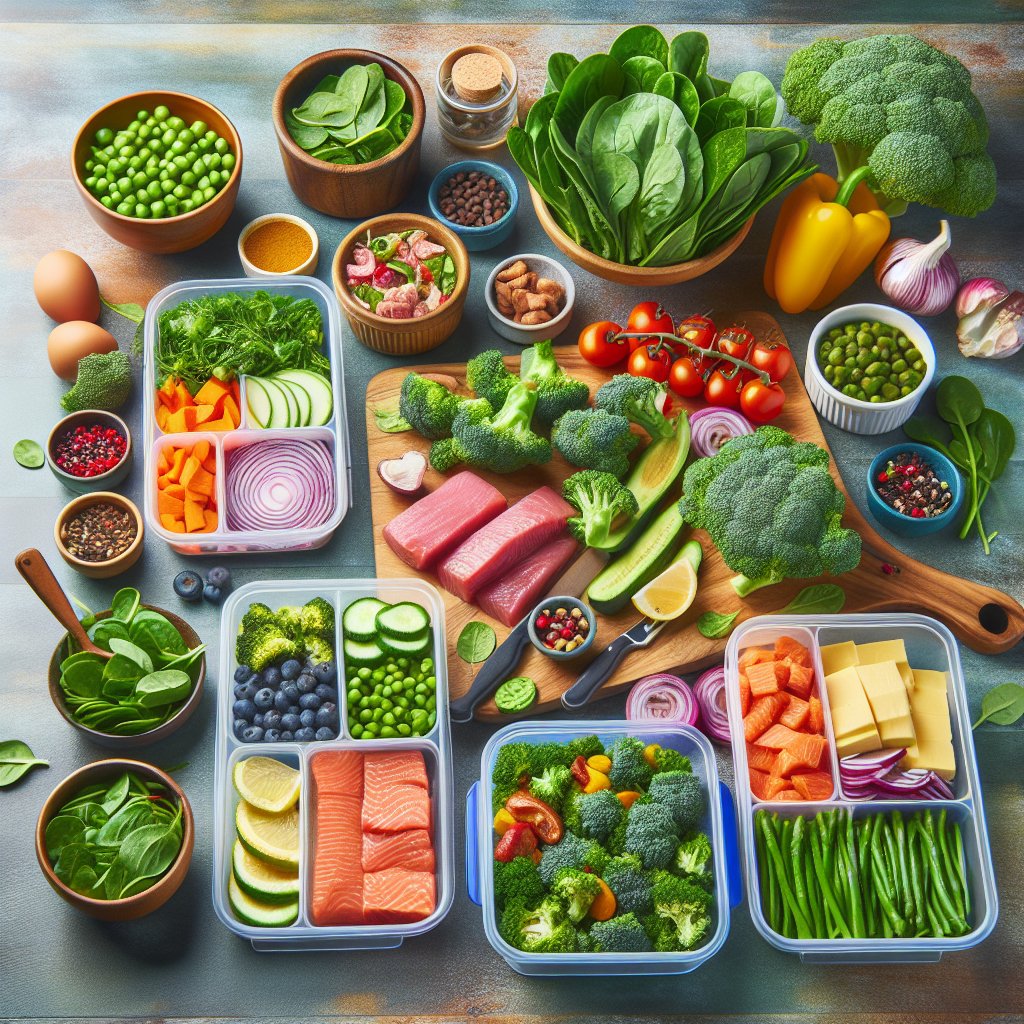 Colorful and nutritious keto-friendly meal prep spread with leafy greens, lean protein, and healthy fats, showcasing organized meal planning and preparation.