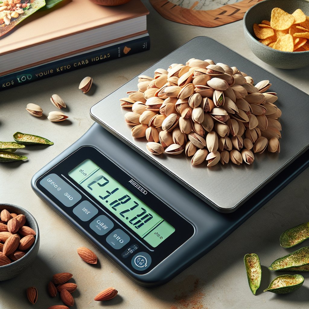 Portion-controlled handful of pistachios displayed on a modern scale with caloric value, alongside a keto-friendly recipe book and low-carb snack.