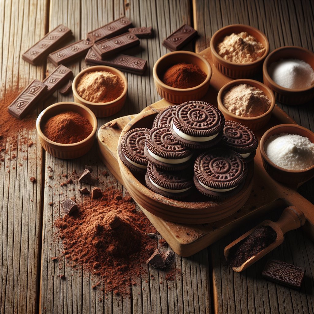 Stack of Oreo cookies surrounded by cocoa powder, sugar, flour, and vanilla on a rustic wooden surface with scattered crumbs