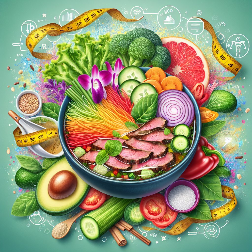 Vibrant bowl of Pho Keto with steaming broth, keto-friendly meat, and nutrient-dense vegetables, surrounded by health symbols and weight loss elements