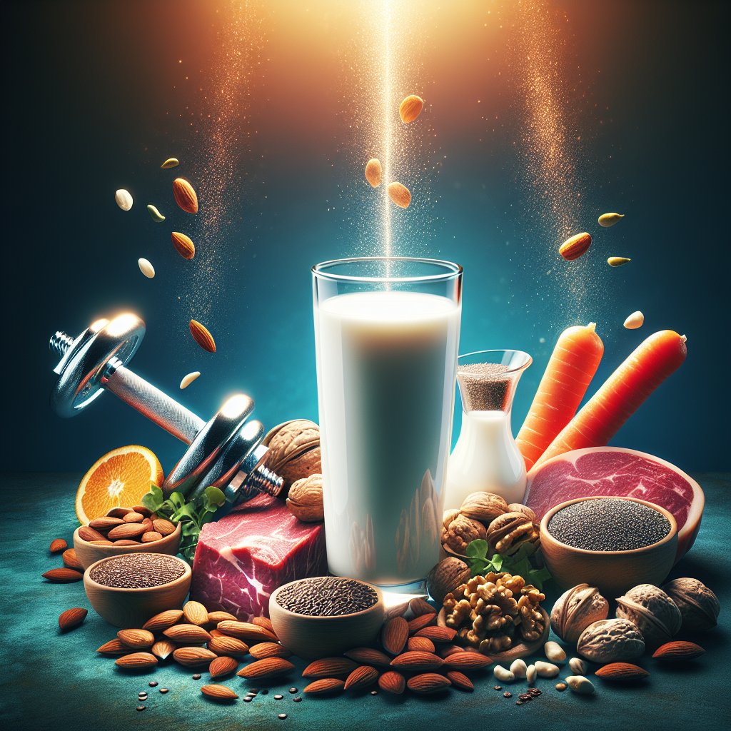Glass of milk surrounded by nuts, seeds, and lean meats, highlighting the rich protein content and essential nutrients for muscle growth and overall health.